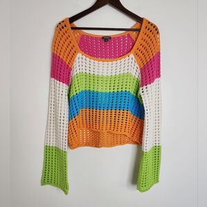 Wild Fable Colorful Striped Crochet Bell Sleeve Sweater Top Medium Boho Chic